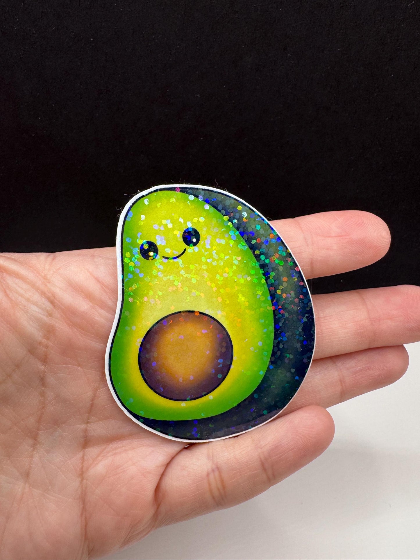 Kawaii Avocado Sticker – Holographic Glitter Vinyl Decal