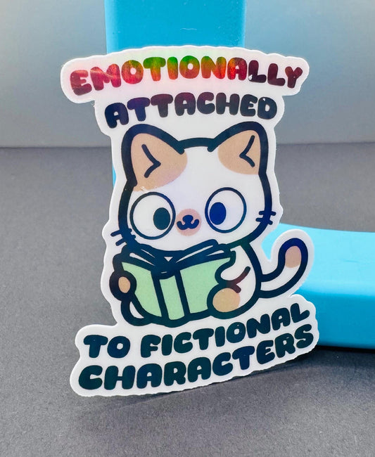 Holographic Cat Reading Sticker: Emotionally Attached to Fictional Characters