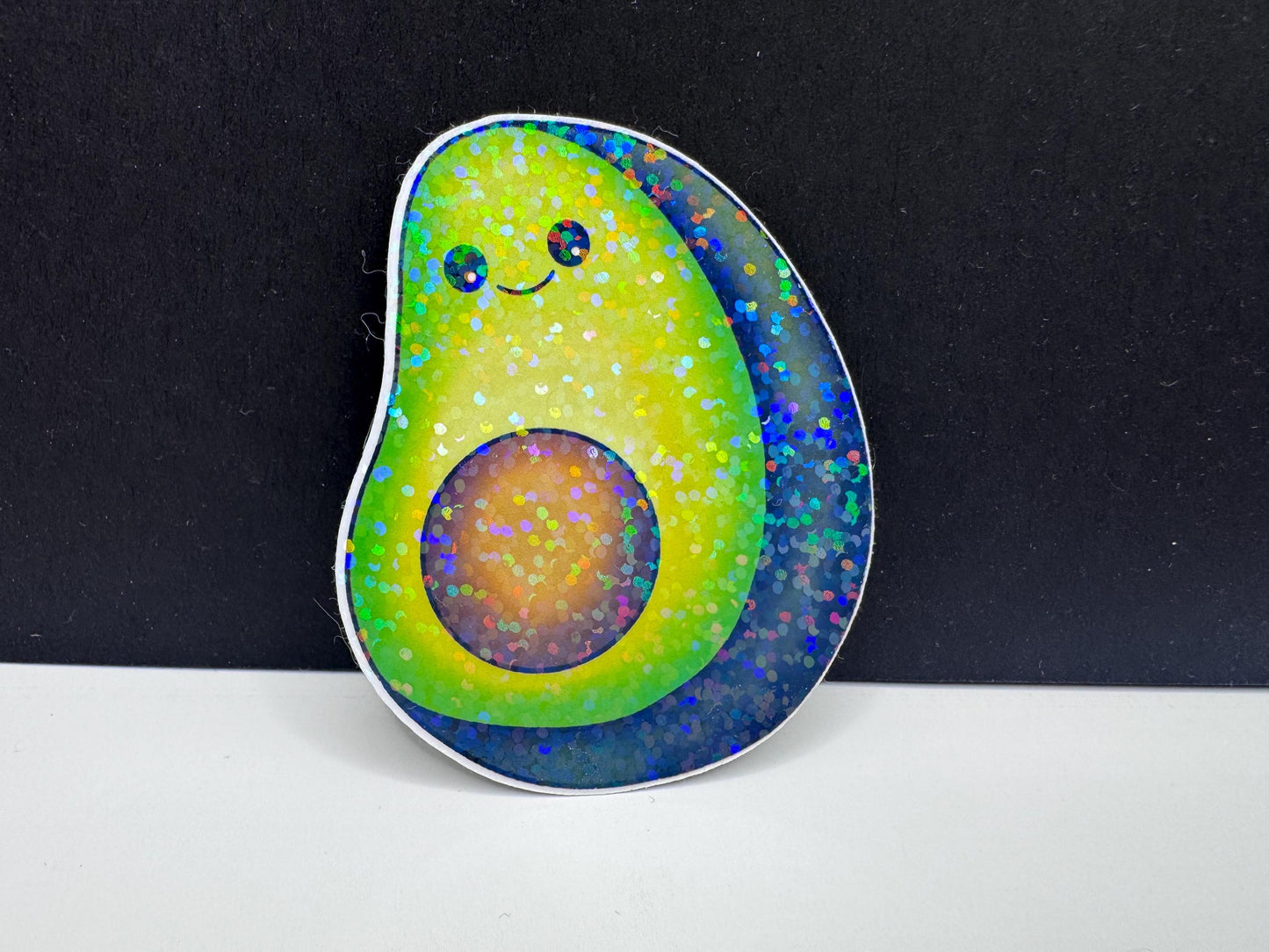 Kawaii Avocado Sticker – Holographic Glitter Vinyl Decal