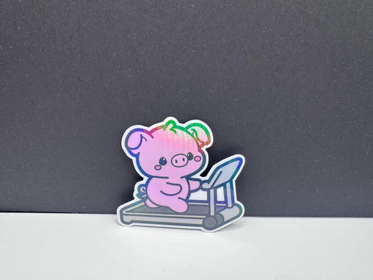 Holographic Pig on Treadmill Sticker: Kawaii Workout Vinyl Decal